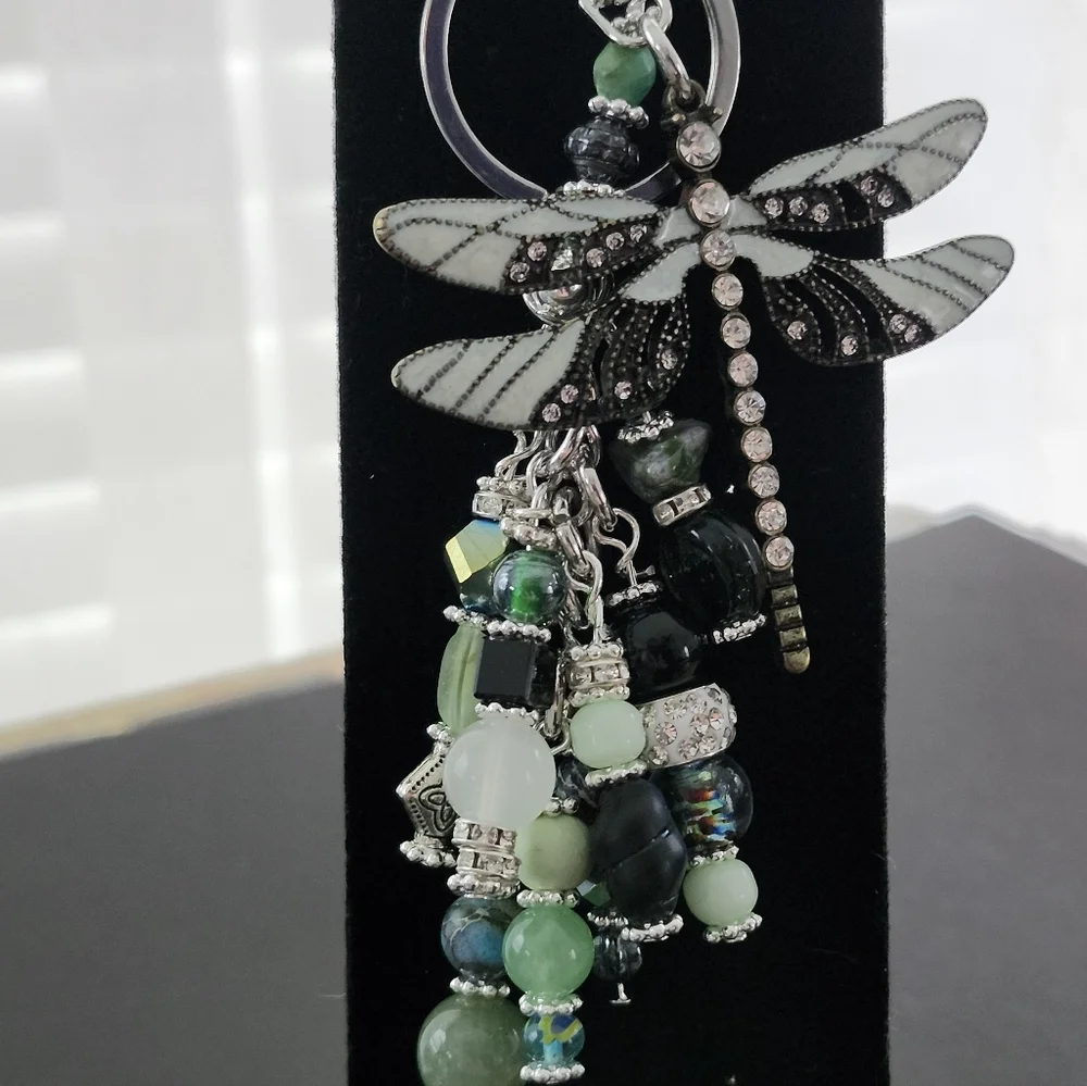 Dragonfly Purse Charm Aventurine Jasper Stone Glass Handcrafted